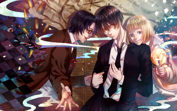 HD PC desktop wallpaper of anime characters from 91 Days, featuring a dramatic scene with three individuals against a dynamic, colorful backdrop.
