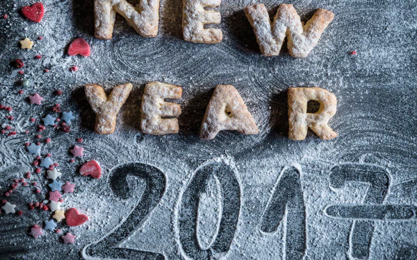 4K Ultra HD desktop wallpaper featuring cookies shaped as NEW YEAR and 2017 with holiday-themed sprinkles on a dark textured background.