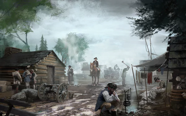 4K Ultra HD Assassin's Creed III PC wallpaper depicting a foggy colonial village scene with settlers, wooden cabins, and a rider on horseback.