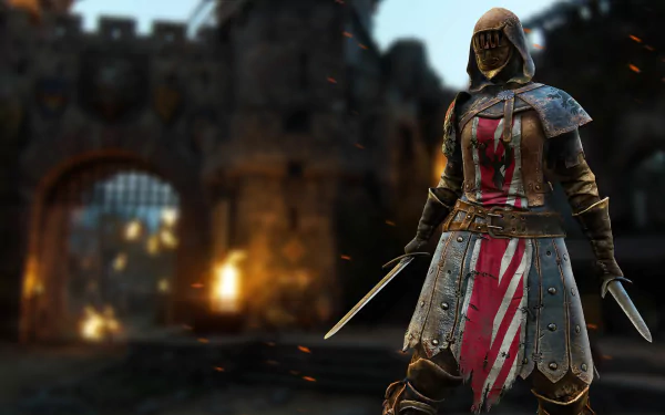 HD PC desktop wallpaper featuring a warrior from the video game For Honor, standing ready with dual blades against a blurred medieval fortress background.