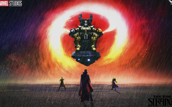 HD wallpaper featuring characters Kaecilius, Dormammu, and Thanos from Doctor Strange and Marvel Comics, facing a dramatic, fiery cosmic background with Doctor Strange text and Marvel Studios logo.