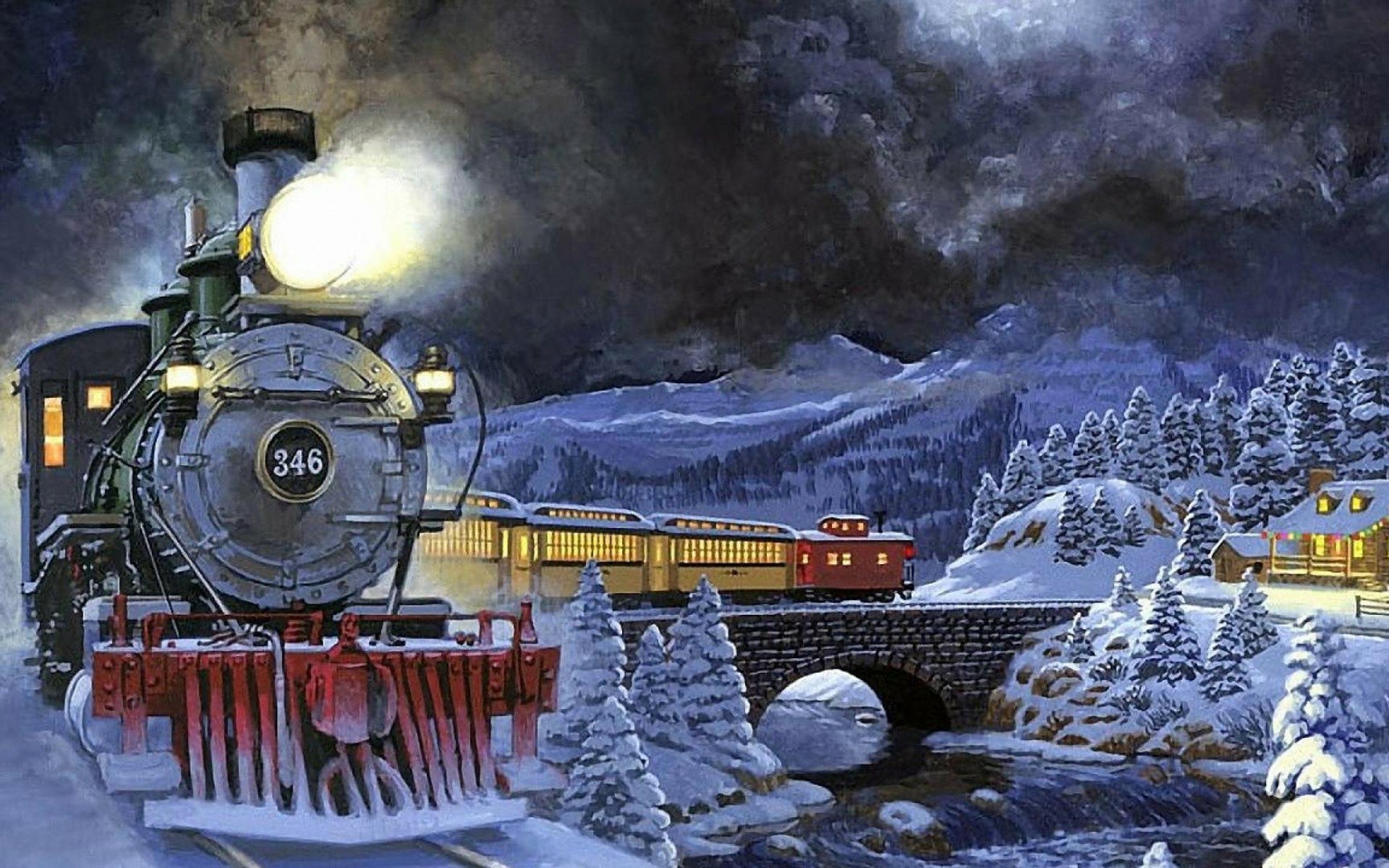Train through Winter Mountain Town HD Wallpaper | Hintergrund | 1920x1200