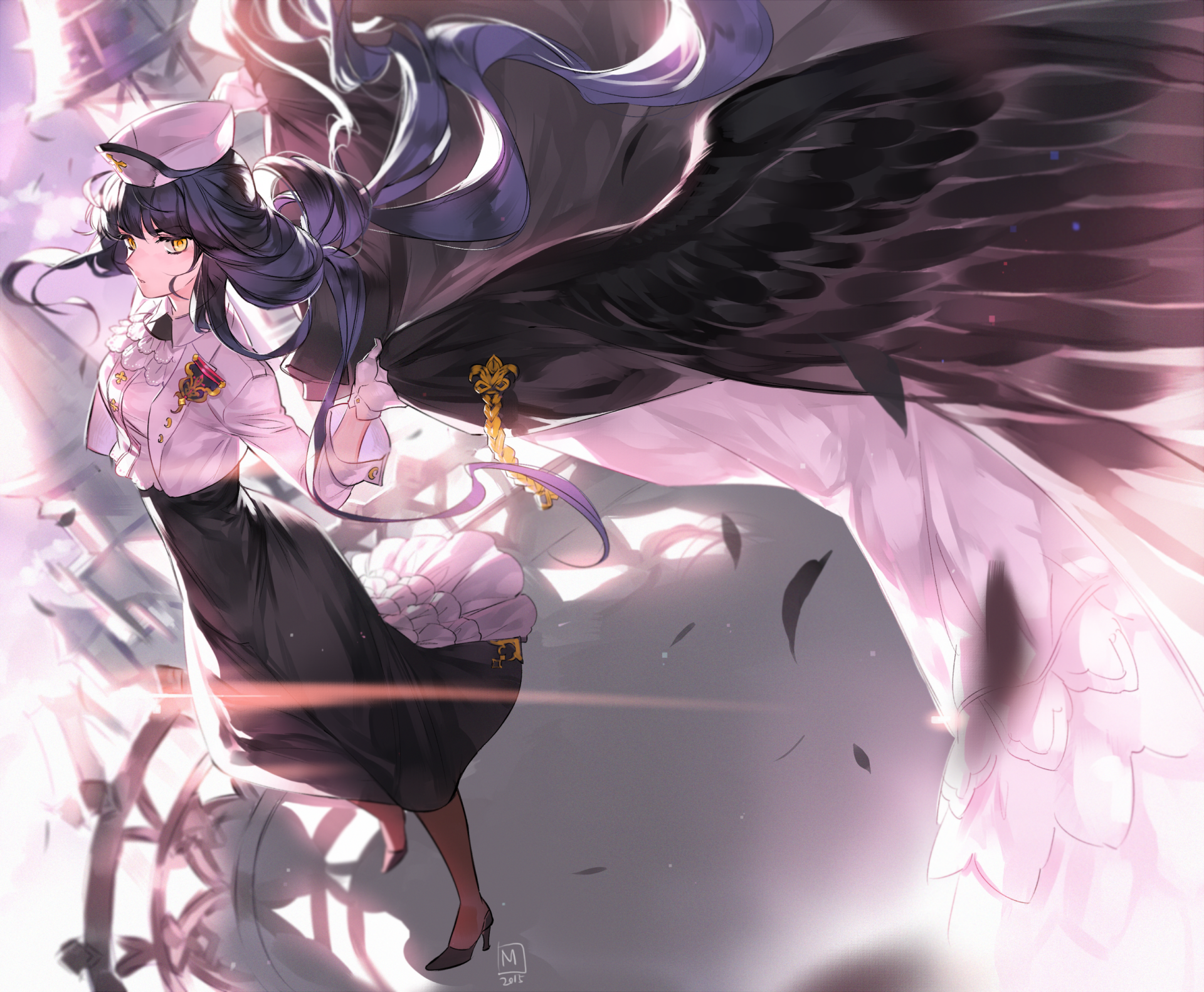 HD desktop wallpaper featuring an original anime character with dark wings, elaborate outfit, and flowing black hair, set against a soft, ethereal background.