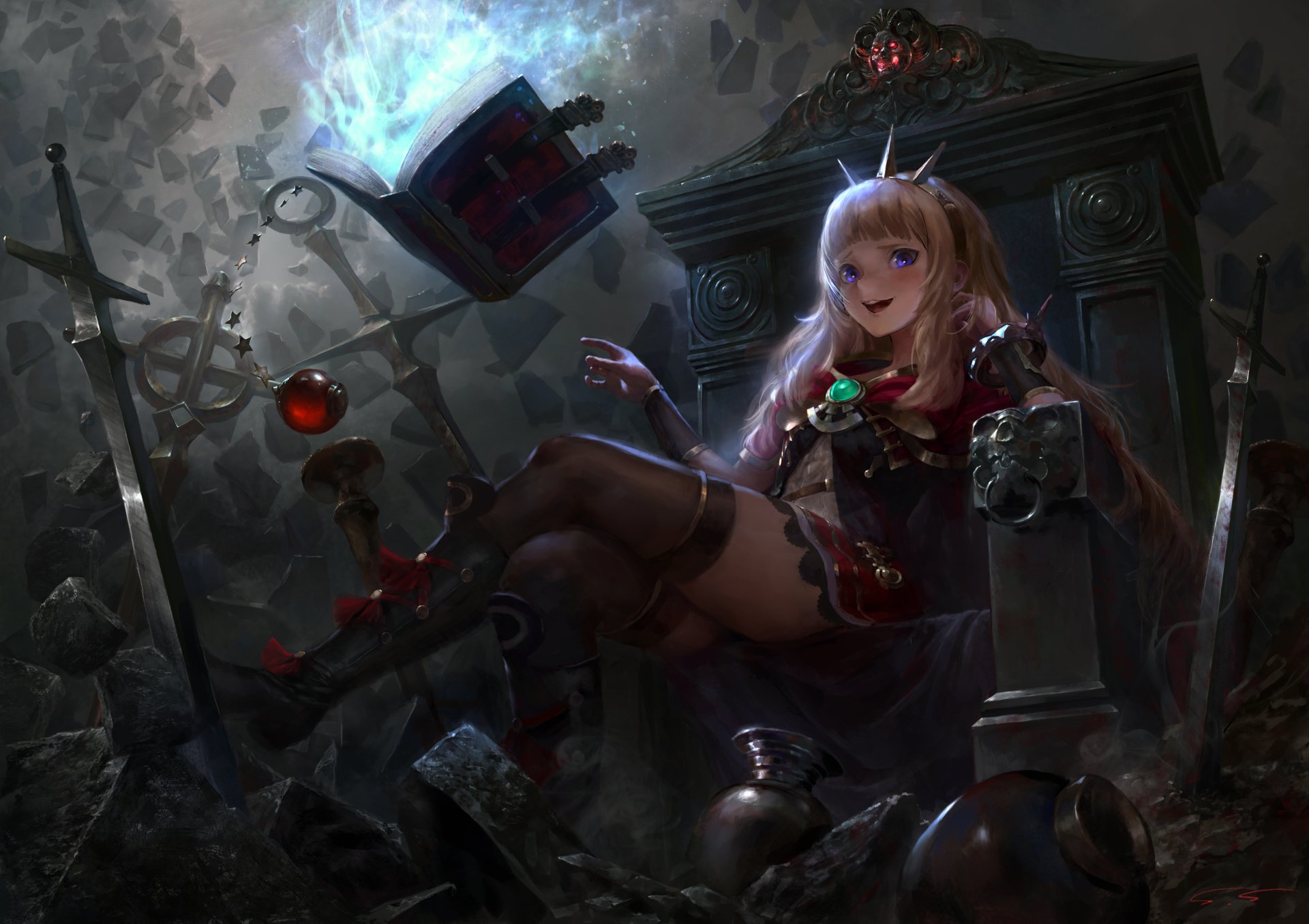 4K Ultra HD PC wallpaper of Grand Blue Fantasy: a crowned sorceress lounges on a ruined throne, blue magic swirling above, swords and gears scattered in a dark, ruined hall.