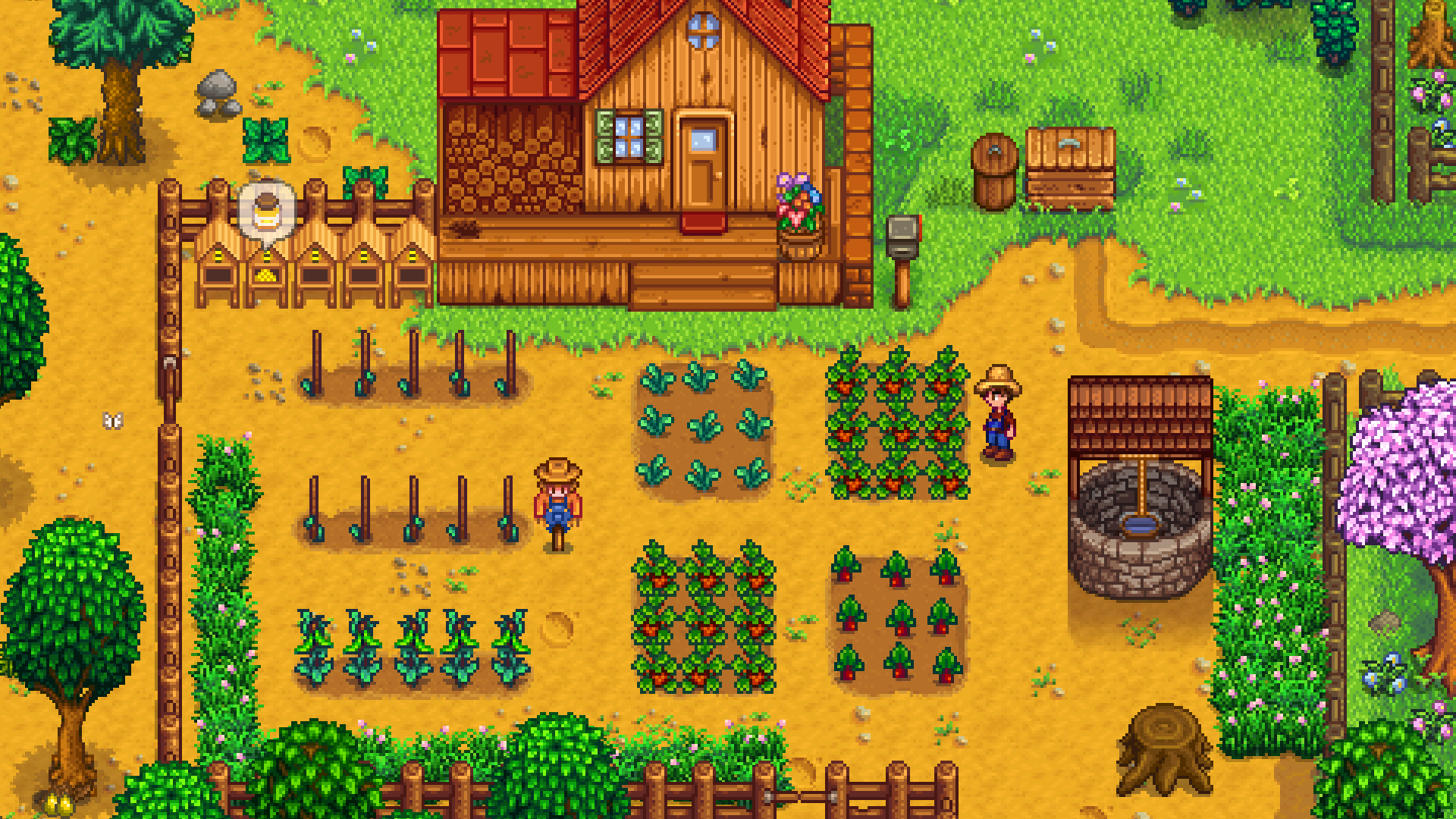HD desktop wallpaper of Stardew Valley featuring a vibrant farm scene with a character, crops, and a quaint wooden house.