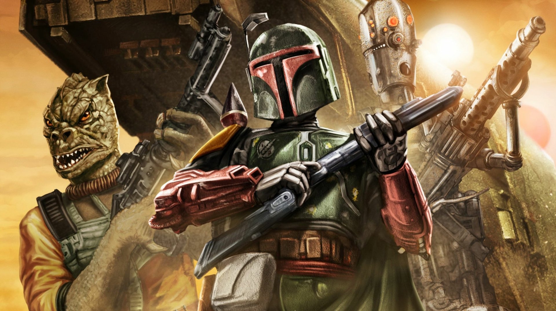 HD Star Wars PC wallpaper featuring bounty hunters Boba Fett, Bossk, and IG-88 in a dramatic, action-packed scene.