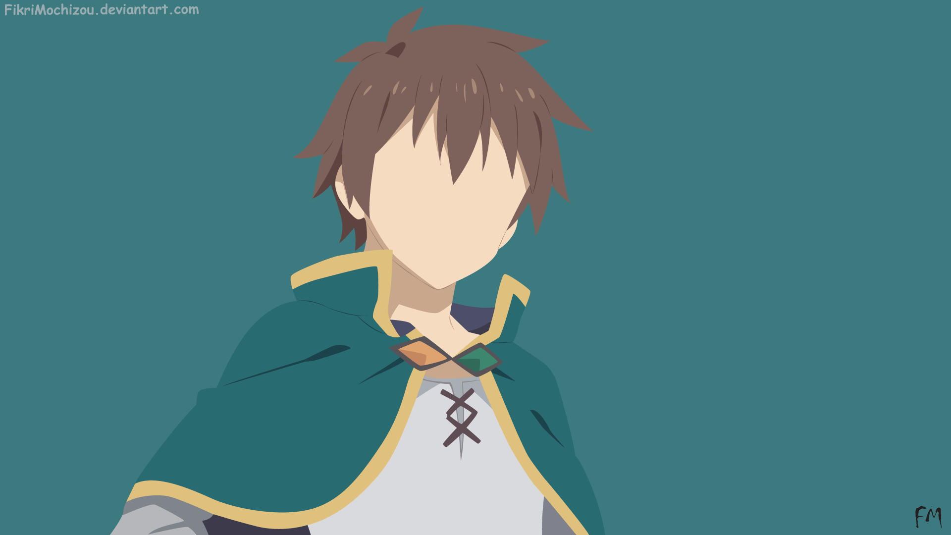 Minimalist HD PC desktop wallpaper of Kazuma Satou from the anime KonoSuba, featuring simple shapes and muted colors in a clean, modern anime style.