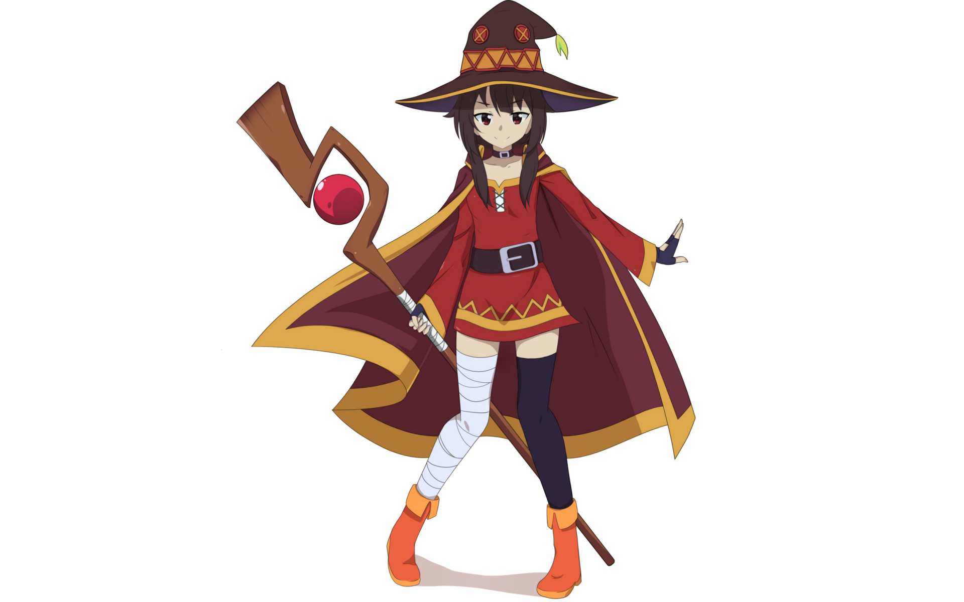 HD PC desktop wallpaper featuring Megumin from the anime KonoSuba - God’s blessing on this wonderful world!! in her signature red mage outfit and staff.