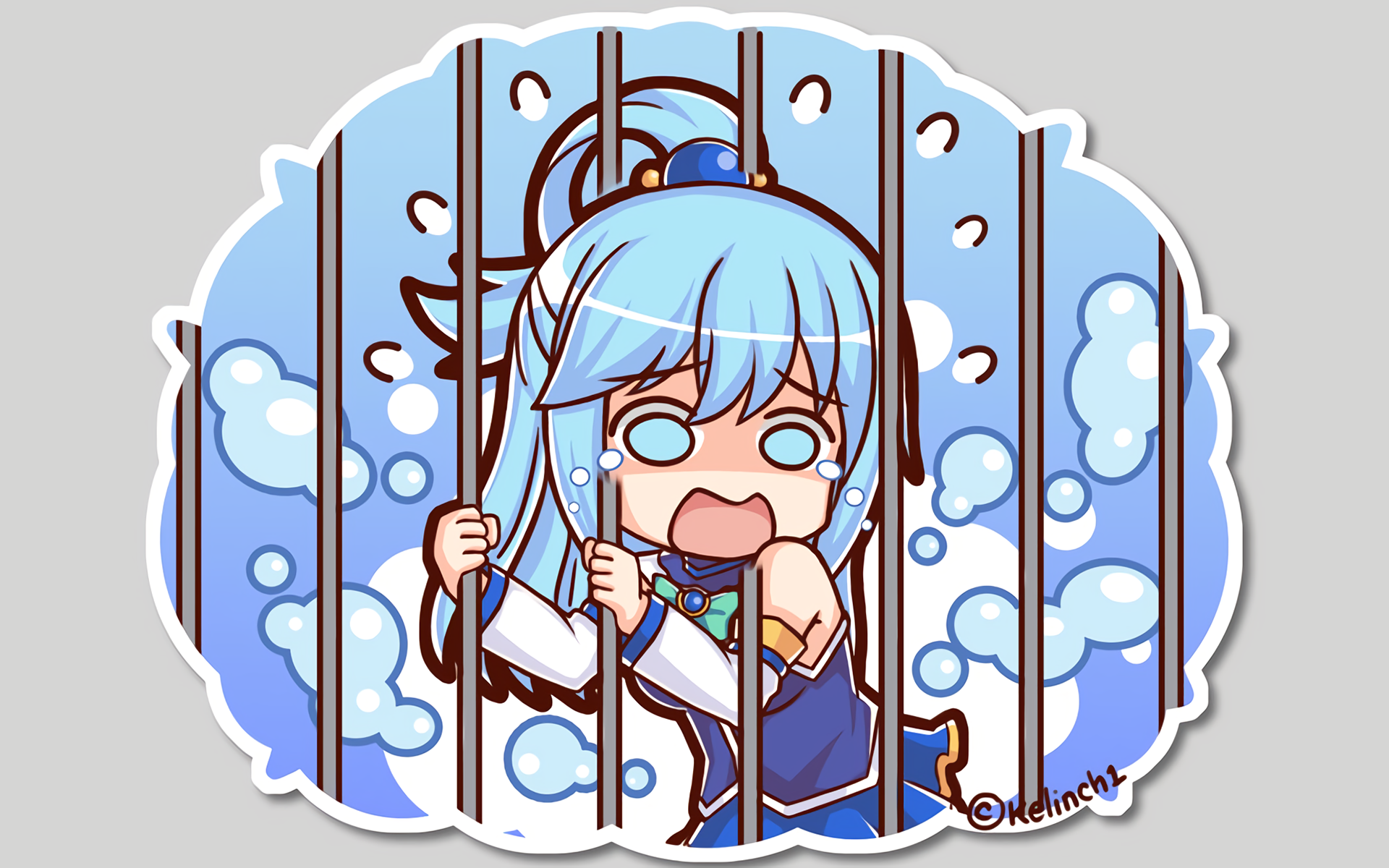 Chibi Aqua from KonoSuba in HD, depicted in a comic style behind bars with a distressed expression. From KonoSuba: God's Blessing on This Wonderful World!!, this anime wallpaper adds a touch of humor to your desktop.