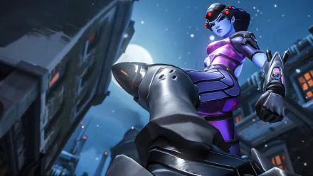 HD PC desktop wallpaper featuring Widowmaker from the video game Overwatch in a dynamic, low-angle shot against a night sky backdrop.