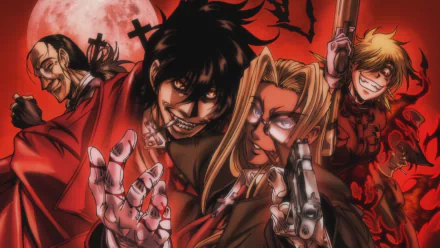 HD desktop wallpaper featuring Alucard, Integra Hellsing, Walter C. Dornez, and Pip Bernadotte from the anime Hellsing, with a red background, full moon, and pistols prominently displayed.