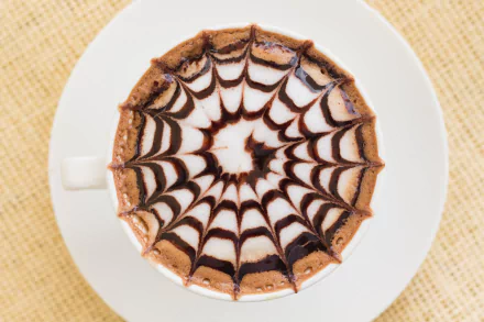 Top view of a coffee cup with intricate chocolate web design on frothy surface, captured in 4K Ultra HD as a desktop wallpaper and background.