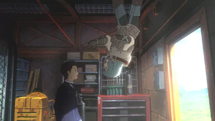 HD wallpaper from Patema Inverted featuring a character looking at another character defying gravity in a rustic room.