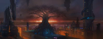A 4K Ultra HD cyberpunk cityscape featuring towering skyscrapers, futuristic buildings, and a large glowing tree at sunset in a sci-fi urban environment.