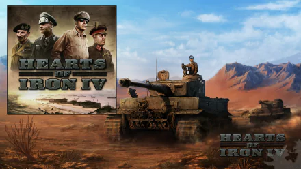 HD wallpaper of Hearts of Iron IV featuring military leaders and a tank in a desert landscape.