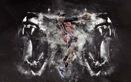 HD wallpaper featuring a dynamic illustration of a basketball player in mid-action with an artistic, explosive background.