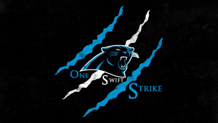 HD Carolina Panthers desktop wallpaper with the team's logo and the motto One Swift Strike against a black background with blue claw marks.