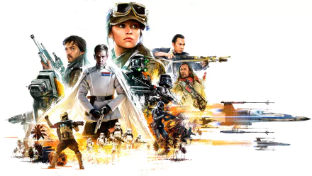 HD PC desktop wallpaper featuring characters and action scenes from the movie Rogue One: A Star Wars Story in a dynamic, collage-style design.