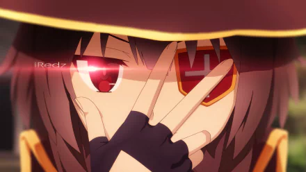 HD desktop wallpaper of Megumin from KonoSuba - God's blessing on this wonderful world!! in an intense pose with one eye covered by her fingers and a determined expression on her face.