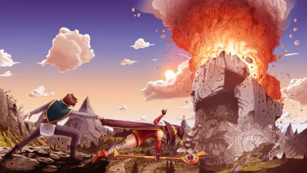 Anime HD wallpaper featuring Megumin from KonoSuba activating a powerful explosion spell in front of a rocky landscape, with an epic sunset backdrop.