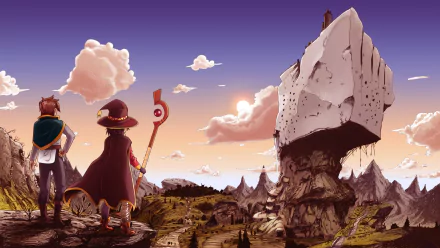 Anime HD wallpaper from KonoSuba featuring Megumin and another character overlooking a vast, rugged landscape with a giant structure and a sunset sky.