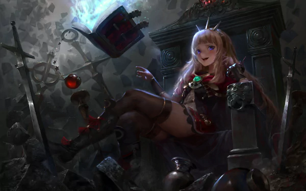 4K Ultra HD PC wallpaper of Grand Blue Fantasy: a crowned sorceress lounges on a ruined throne, blue magic swirling above, swords and gears scattered in a dark, ruined hall.