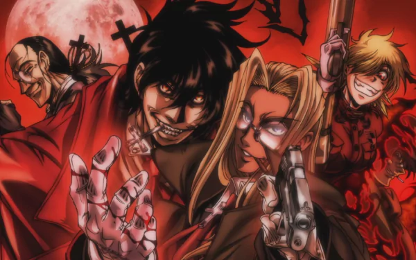 HD desktop wallpaper featuring Alucard, Integra Hellsing, Walter C. Dornez, and Pip Bernadotte from the anime Hellsing, with a red background, full moon, and pistols prominently displayed.