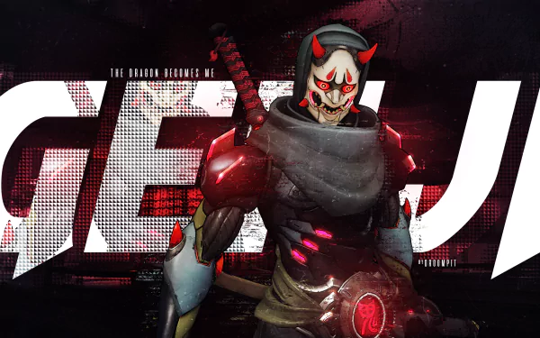 HD desktop wallpaper and background featuring Genji Shimada from the video game Overwatch. The image portrays Genji in a dynamic, detailed design with a mask, sword, and futuristic armor.