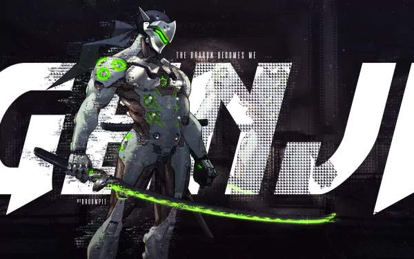 Genji Shimada from Overwatch stands confidently in this HD PC desktop wallpaper, featuring vibrant green accents and striking visuals that capture the essence of the game.