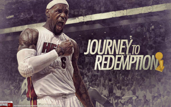 HD wallpaper featuring an intense moment with basketball player in action, overlaid with the words JOURNEY TO REDEMPTION.