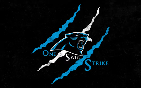 HD Carolina Panthers desktop wallpaper with the team's logo and the motto One Swift Strike against a black background with blue claw marks.