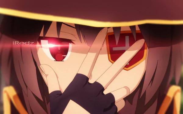 HD desktop wallpaper of Megumin from KonoSuba - God's blessing on this wonderful world!! in an intense pose with one eye covered by her fingers and a determined expression on her face.