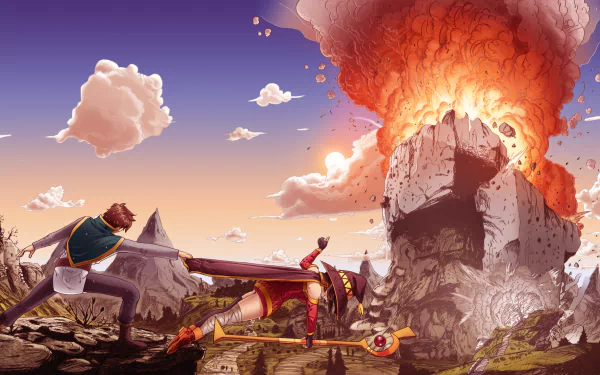 Anime HD wallpaper featuring Megumin from KonoSuba activating a powerful explosion spell in front of a rocky landscape, with an epic sunset backdrop.