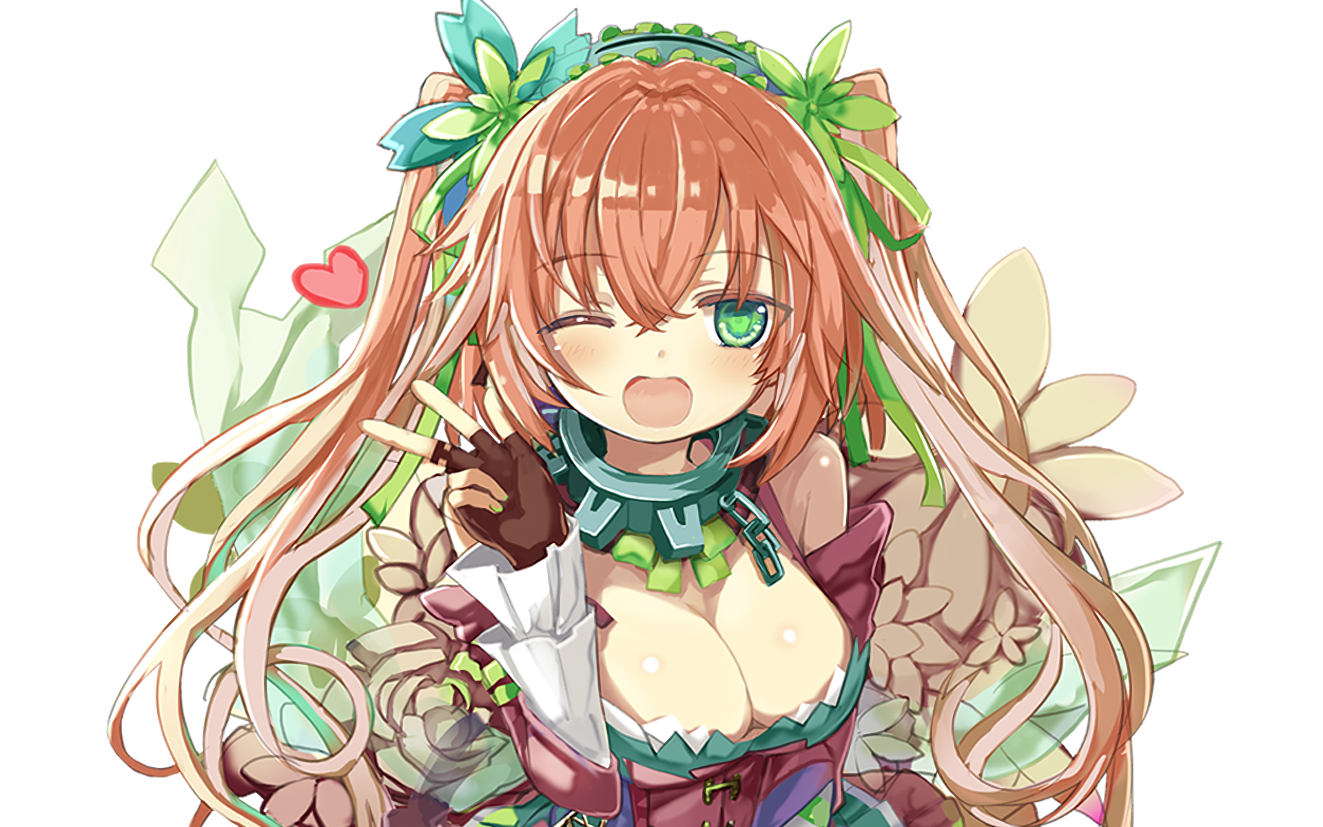 HD PC desktop wallpaper/background: Anime Clockwork Planet character winking with long pink hair, green eyes, floral ribbons and clockwork accessories, cheerful expression on a white backdrop.