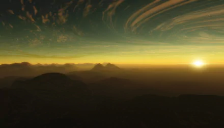 HD desktop wallpaper from Space Engine featuring a sunrise over distant mountains with a planet and stars visible in the sky.