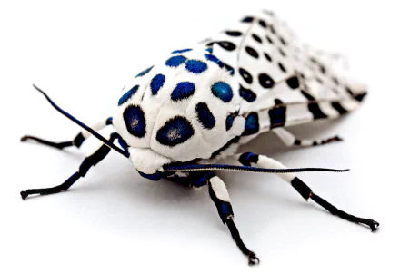 A close-up of a leopard moth showcasing its striking white body adorned with bold blue and black spots, set against a clean background, making it a captivating HD desktop wallpaper.