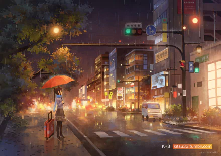 HD Anime cityscape desktop wallpaper featuring a rainy evening, with a girl holding a red umbrella and suitcase by a lit-up urban street.