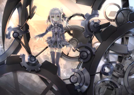A striking HD desktop wallpaper featuring a character from the anime Clockwork Planet, set against a backdrop of intricate gears and a soft, glowing atmosphere.