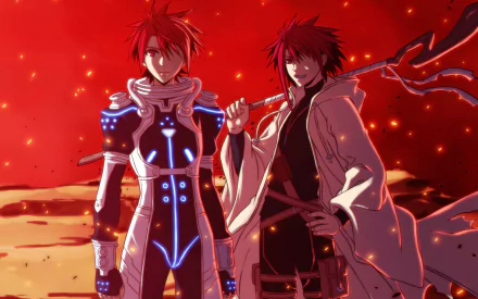 HD anime desktop wallpaper featuring two red-haired characters from UQ Holder! against a fiery red background.