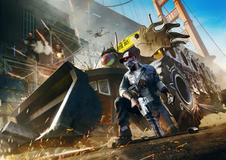 HD desktop wallpaper of Watch Dogs 2 featuring a protagonist holding a gun in front of a large, decorative vehicle with vibrant details and chaotic urban background.
