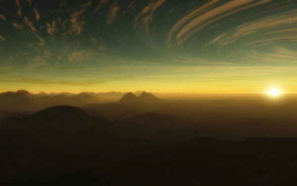 HD desktop wallpaper from Space Engine featuring a sunrise over distant mountains with a planet and stars visible in the sky.
