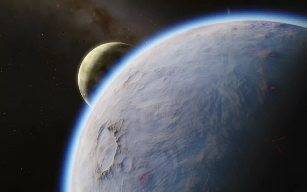 HD PC desktop wallpaper: Space Engine video game scene of a blue, cratered planet with a smaller moon rising against a starry space backdrop.