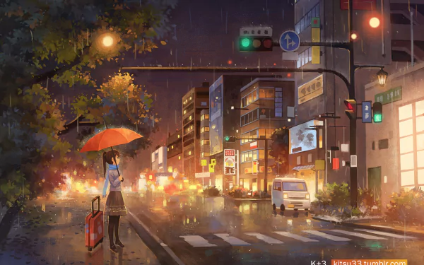 HD Anime cityscape desktop wallpaper featuring a rainy evening, with a girl holding a red umbrella and suitcase by a lit-up urban street.