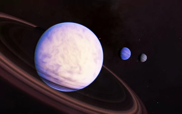 HD desktop wallpaper from the video game Space Engine showing a gas giant with rings and three moons in space.