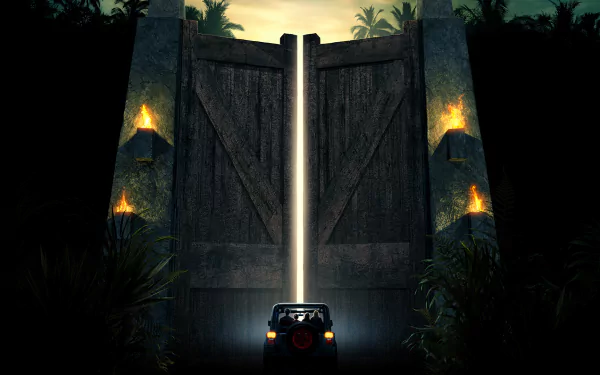 HD desktop wallpaper featuring an iconic scene from the movie Jurassic Park: a jeep approaches the imposing wooden gate of the park, illuminated by torches, set against a lush, tropical background.