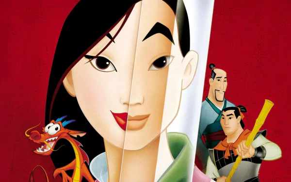 HD PC desktop wallpaper of Mulan (1998): split portrait showing Mulan as civilian and warrior, Mushu at left, and Li Shang with fellow soldiers against a red background.