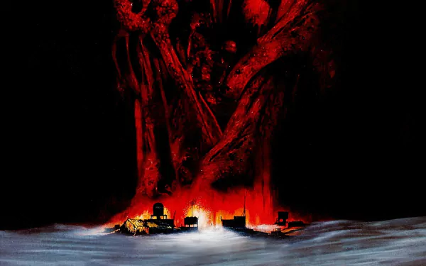 HD PC desktop wallpaper featuring a dark, fiery scene from the 1982 movie The Thing, depicting a snowy base with a menacing red creature looming above.