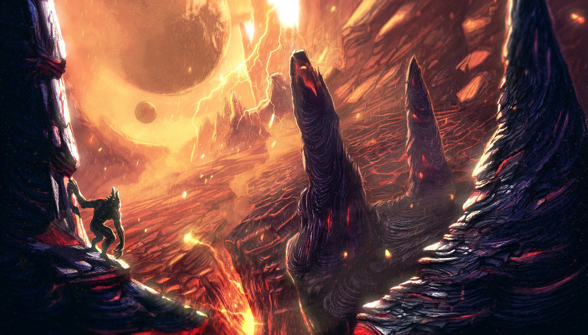 HD PC desktop wallpaper: volcanic fantasy landscape with rivers of lava, crackling lightning, jagged spires and a lone creature silhouetted on a rocky outcrop.