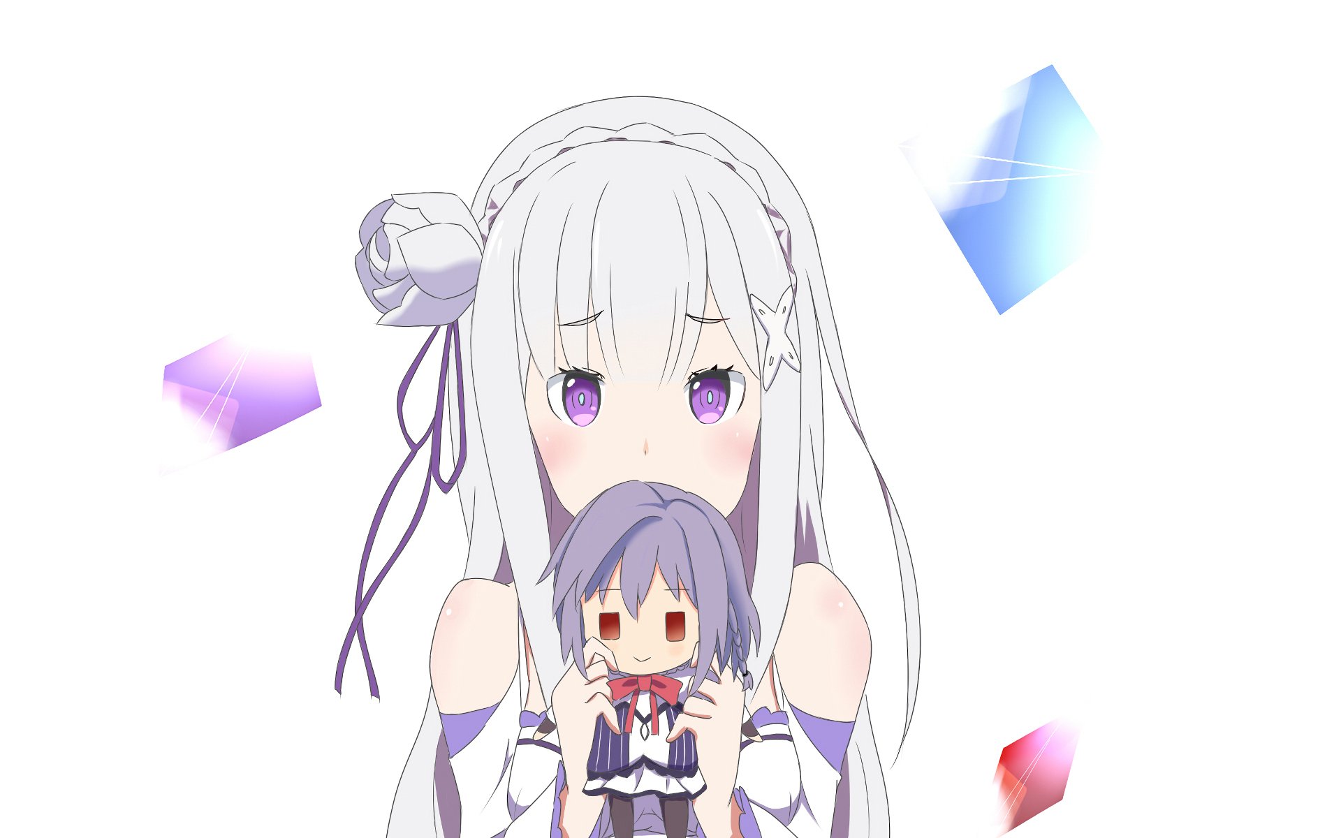HD desktop wallpaper featuring Emilia from Re:Zero - Starting Life in Another World. The anime character, with white hair and purple eyes, holds a small doll, with colorful crystals floating around.