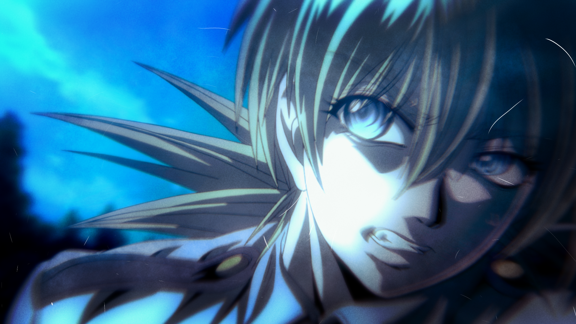 HD anime desktop wallpaper featuring Seras Victoria from Hellsing, showcasing her intense expression with dynamic lighting and blue-toned background.